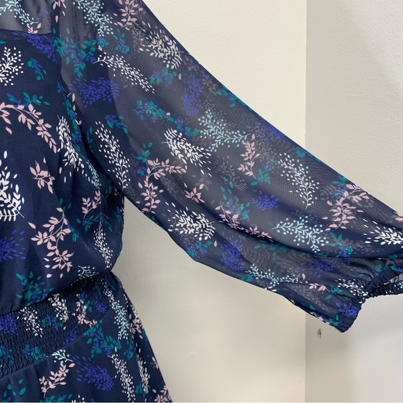 Lane Bryant Dress18 Career Blue Midi Floral 3/4 Sheer Sleeve Cinch Waist Office - Picture 2 of 11